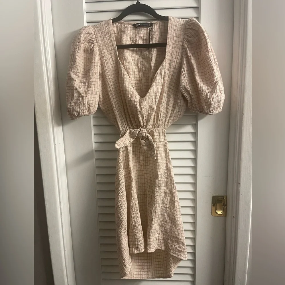Zara NWT Size S Cotton/Linen Blend Plaid Cut Out Waist Minidress -NWT per Pics - Picture 6 of 10